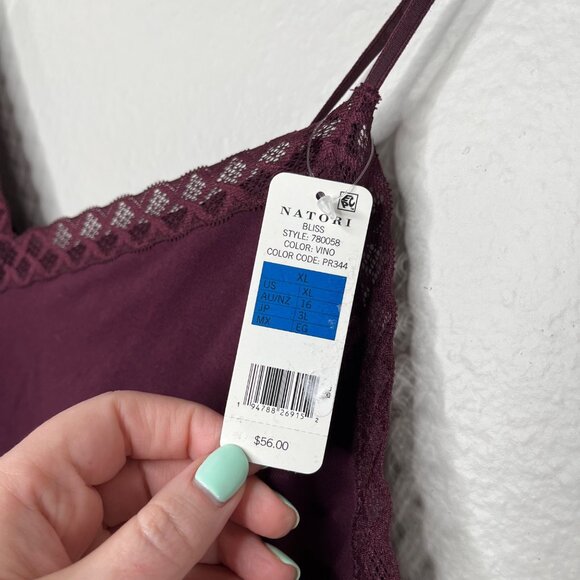 Natori Womens Bliss Cotton Cami Burgundy Tank Top With Lace Trim XL - Picture 4 of 6